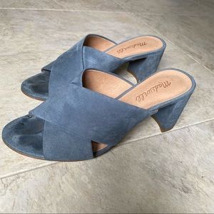 Madewell suede crisscross heels — dusty blue